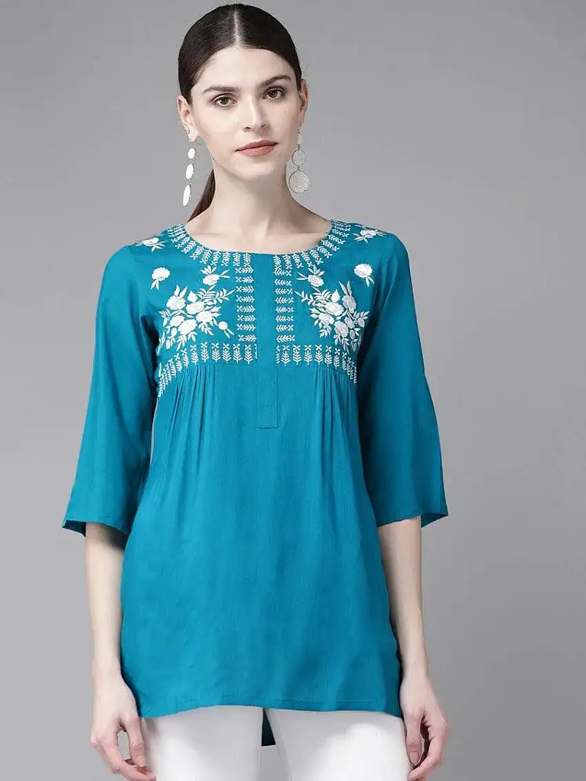 Blue Embroidered Rayon Kurti