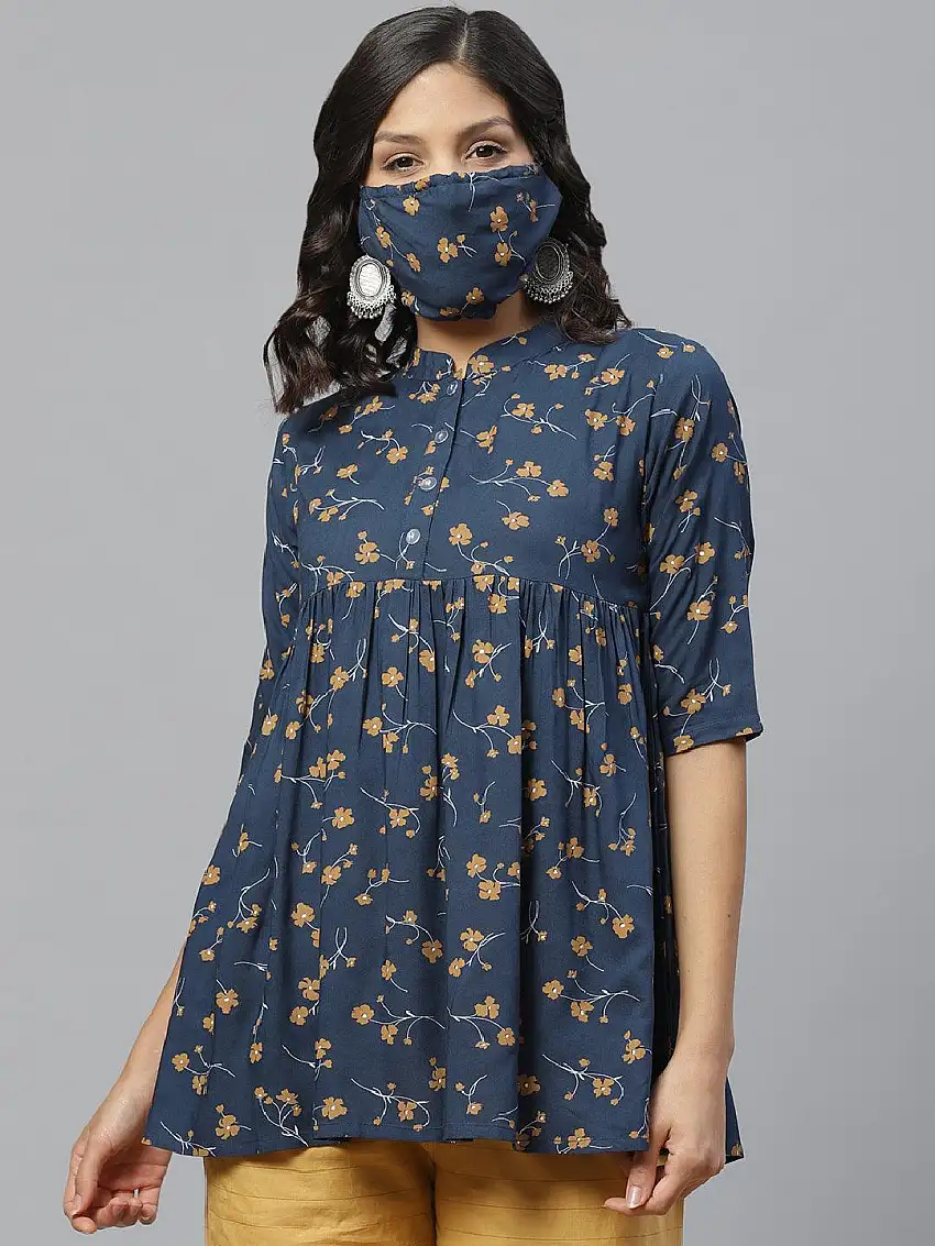 Blue Printed Rayon Kurti With Mask
