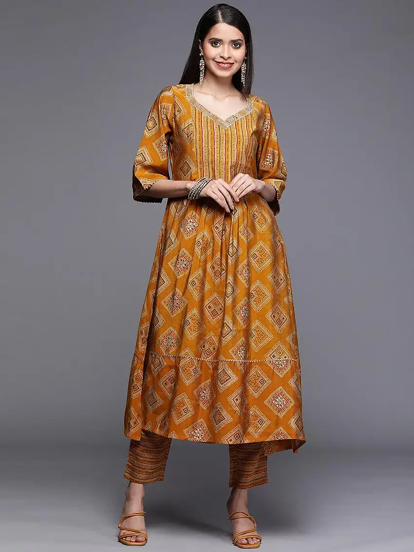 Yellow Printed Chanderi Silk Kurta