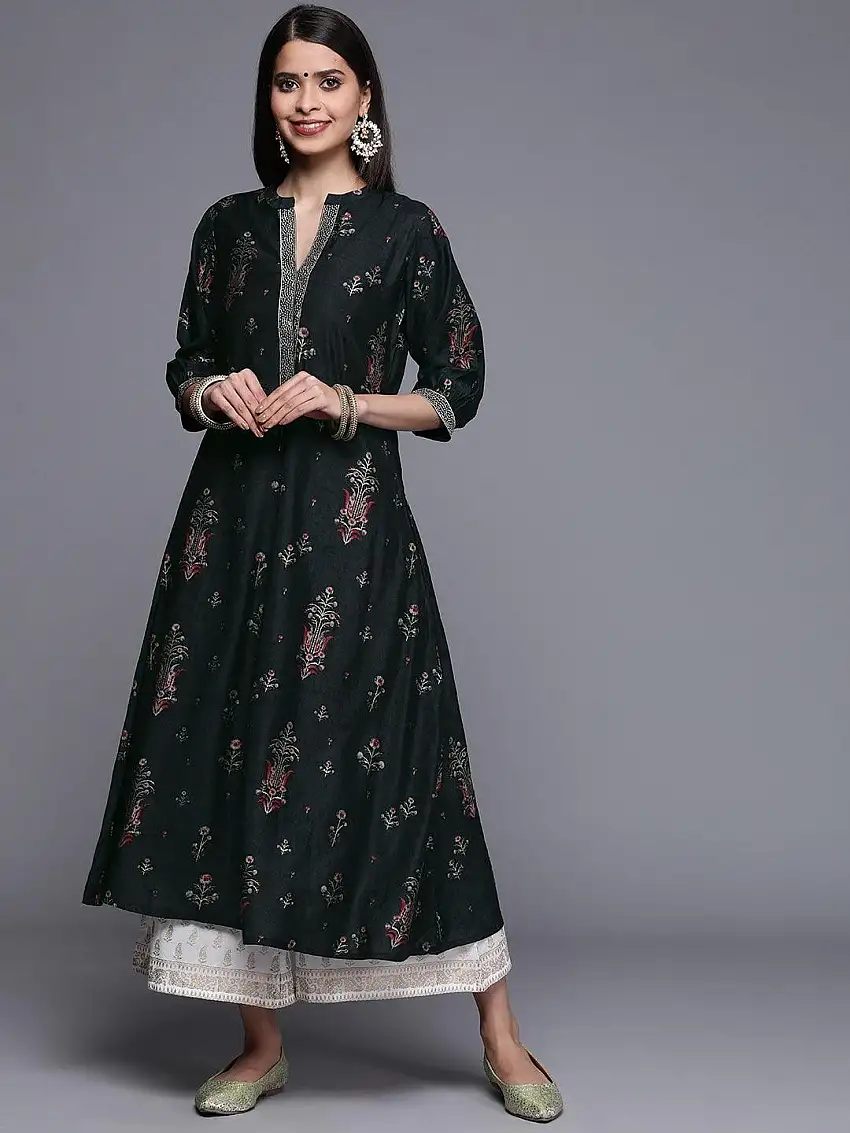 Black Printed Chanderi Silk Kurta