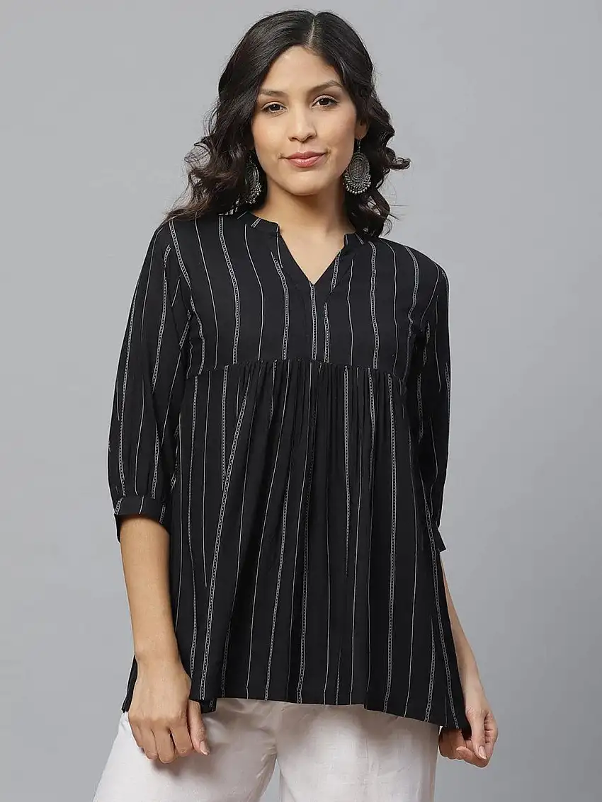 Black Striped Rayon Kurti With Mask