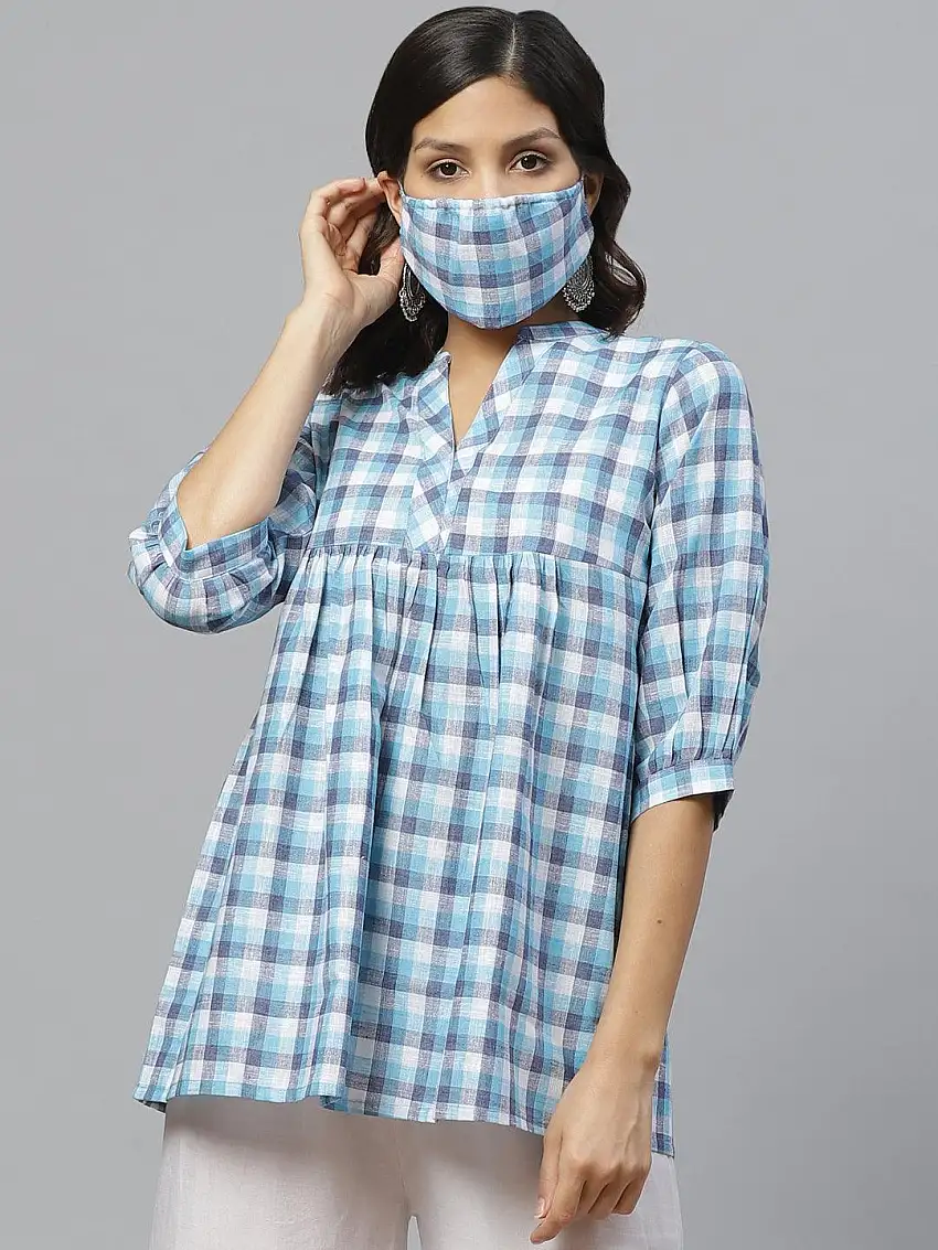 Blue Checkered Cotton Kurti With Mask
