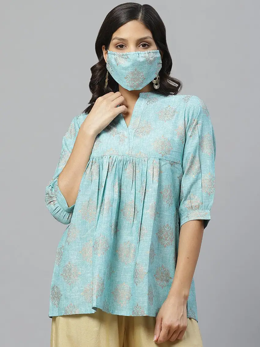 Blue Printed Cotton Kurti With Mask