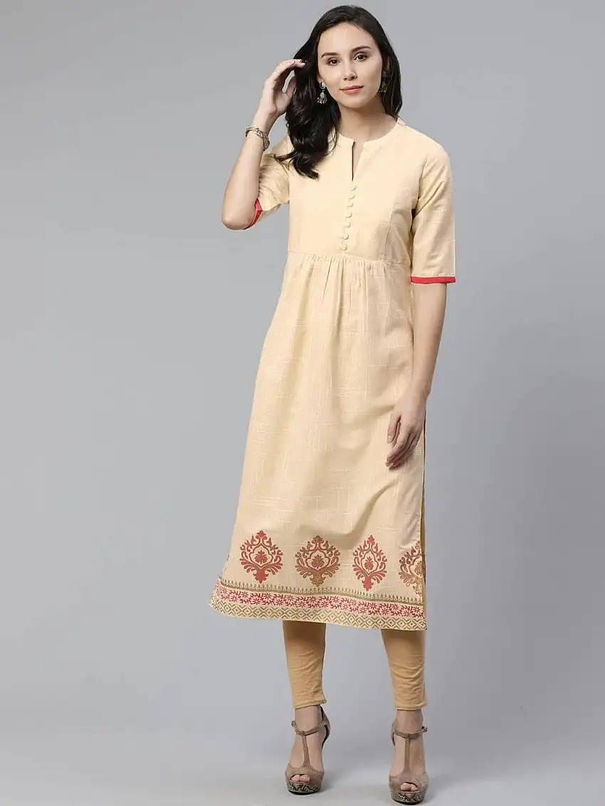 Beige Printed Cotton Kurti