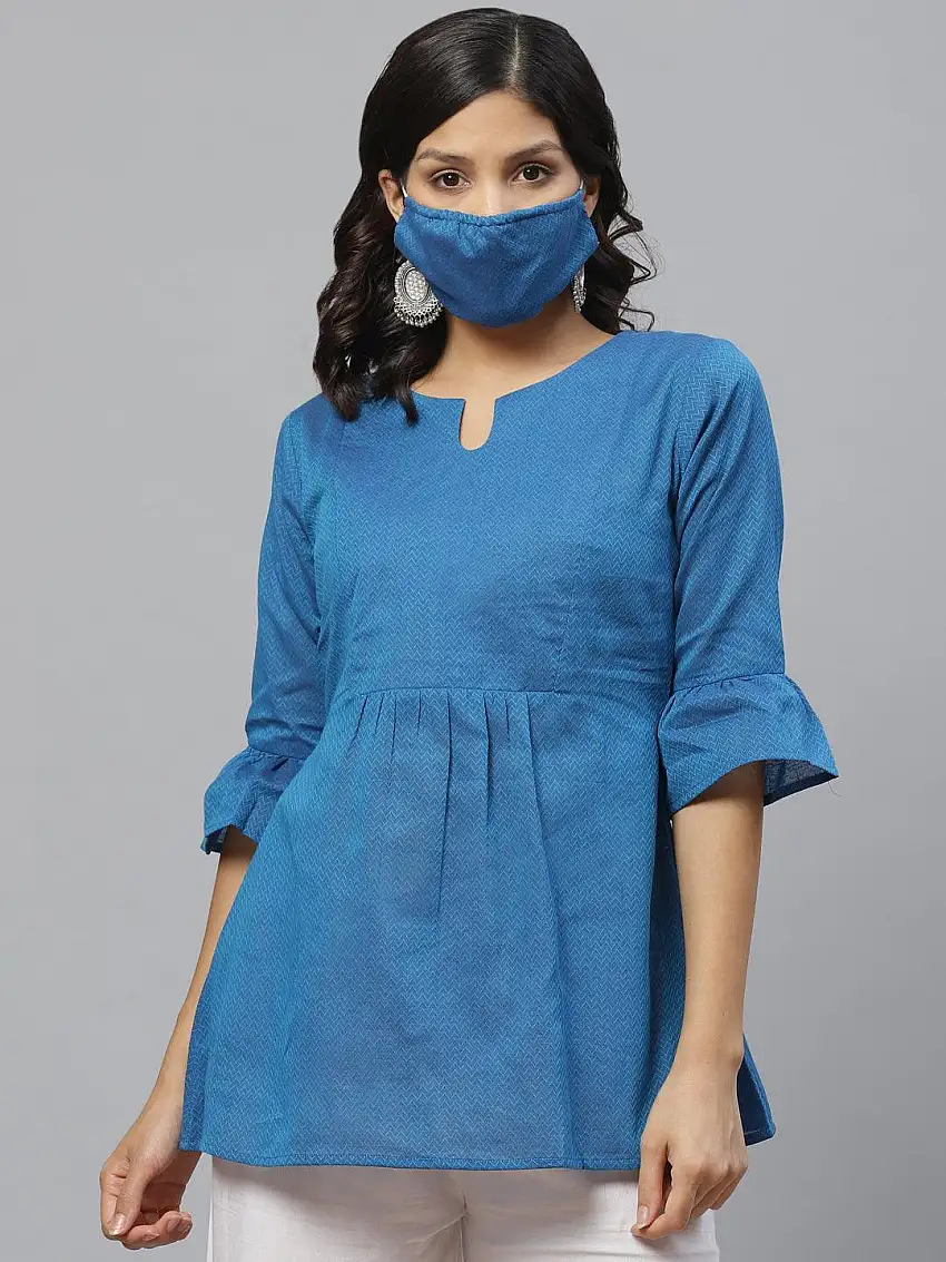 Blue Self Design Cotton Kurti With Mask