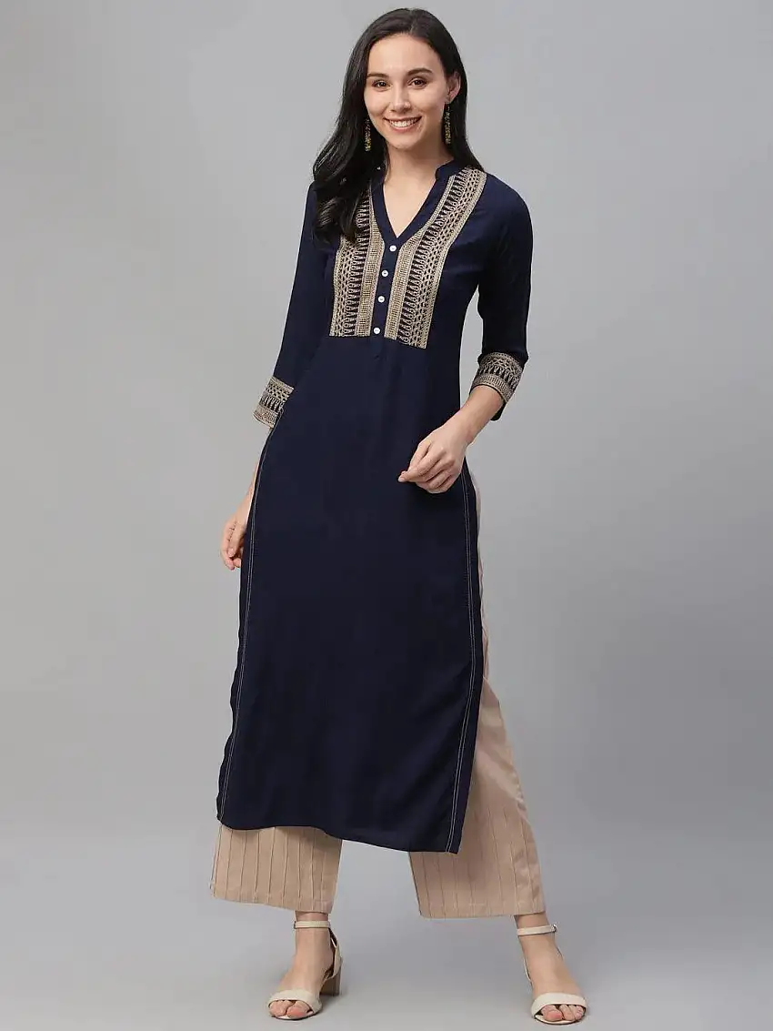 Blue Embroidered Rayon Kurta