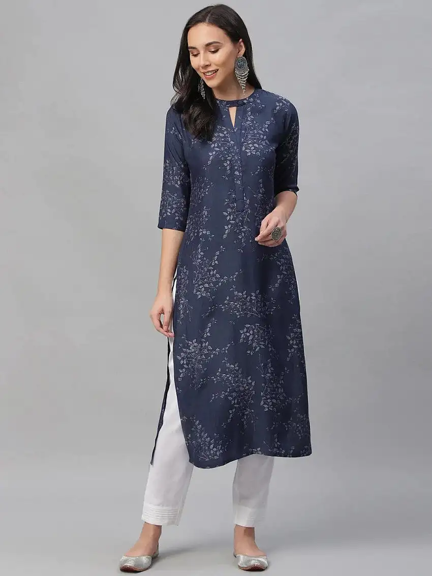 Blue Printed Rayon Kurta