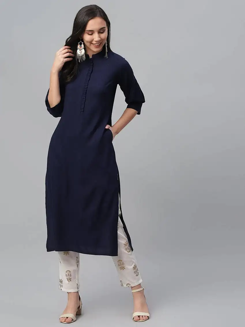 Blue Solid Rayon Kurta