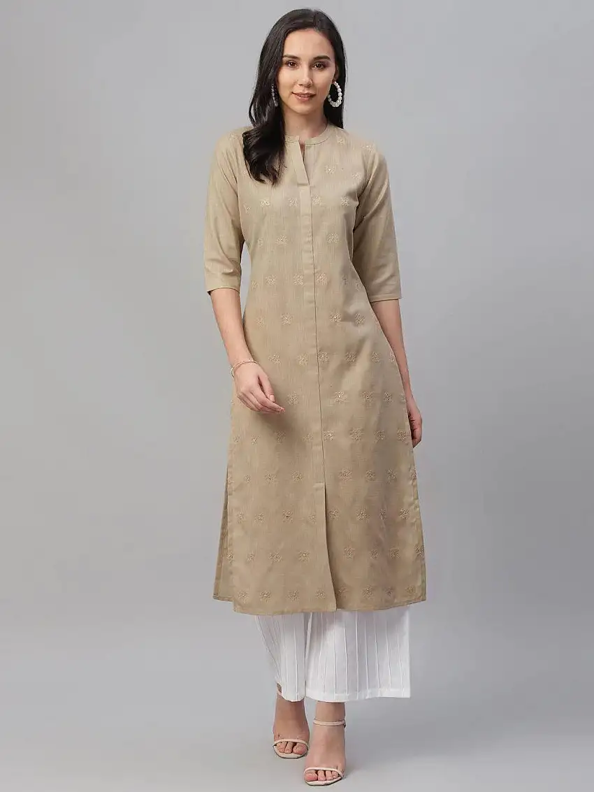 Beige Embroidered Cotton Kurta