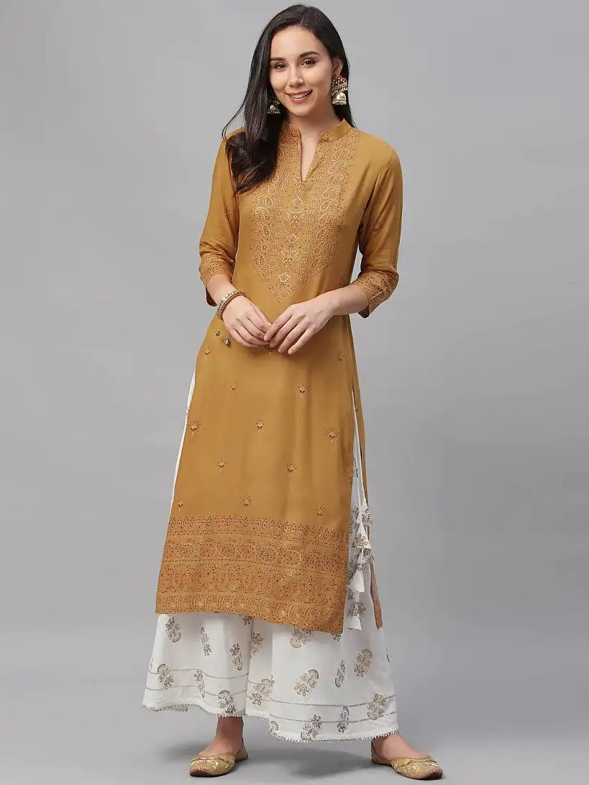 Yellow Printed Rayon Kurta