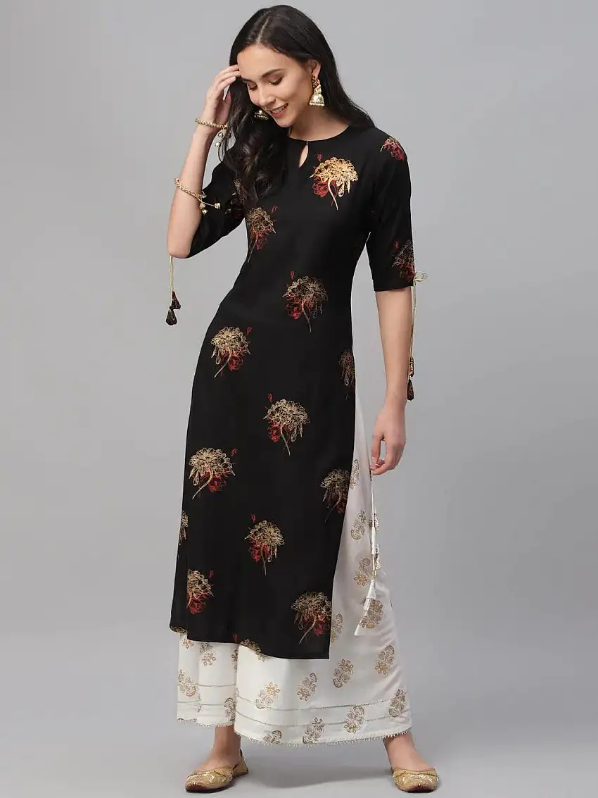 Black Printed Rayon Kurta