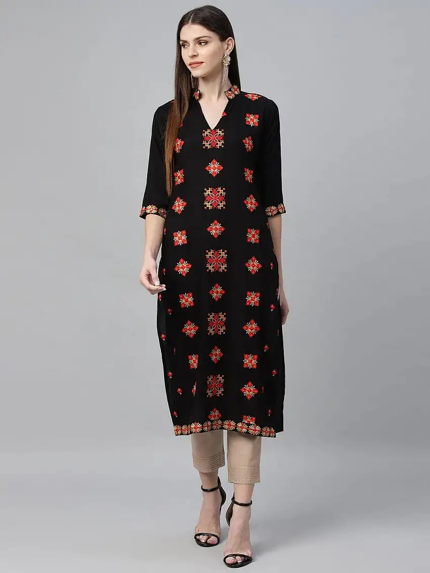 Black Embroidered Rayon Kurta