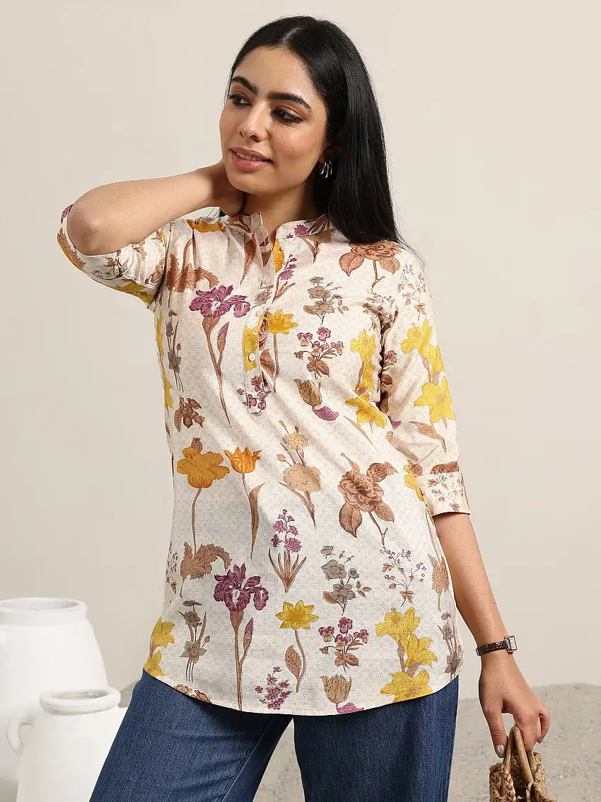 Beige Printed Silk Blend Straight Kurti