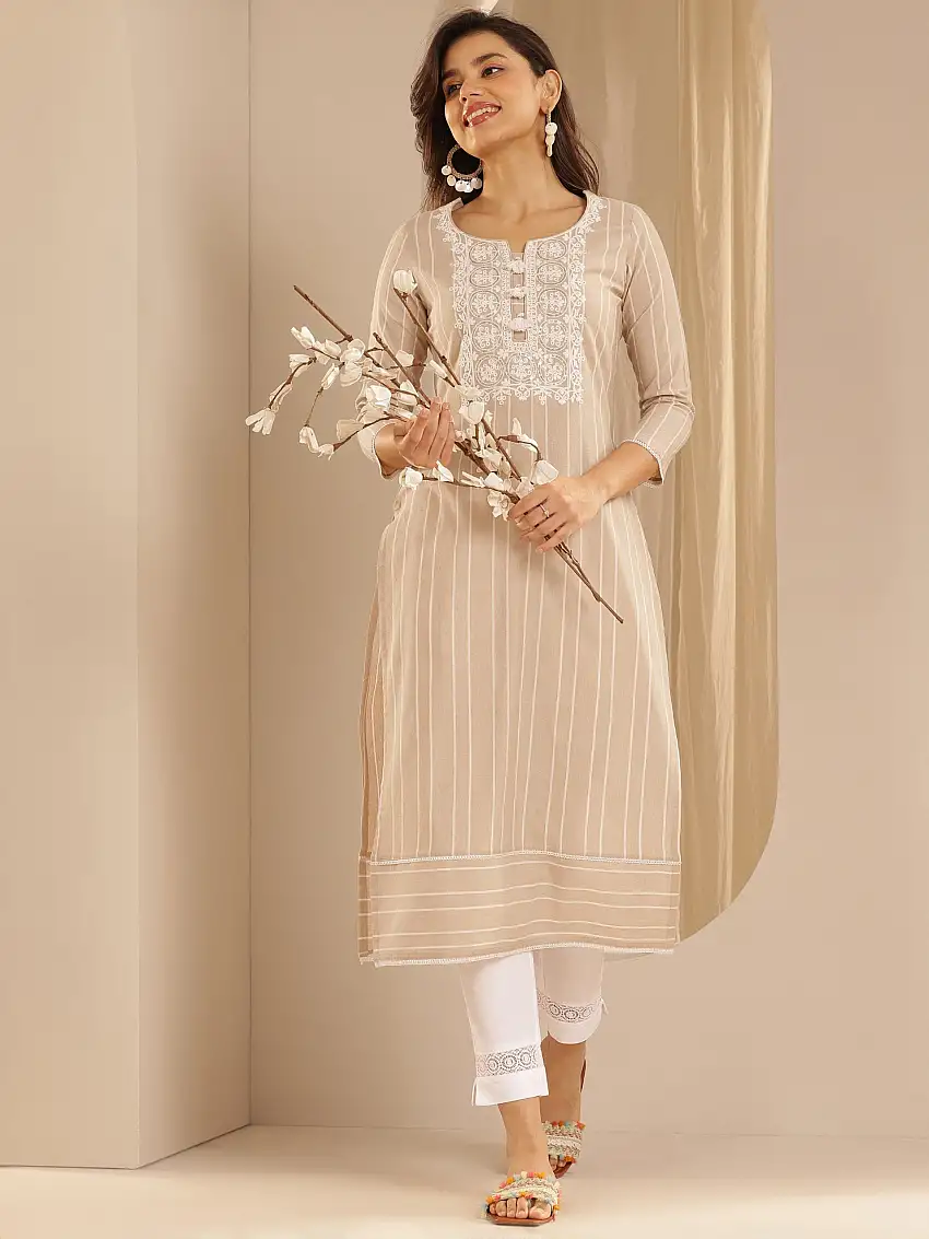 Beige Embroidered Cotton Blend Straight Kurta