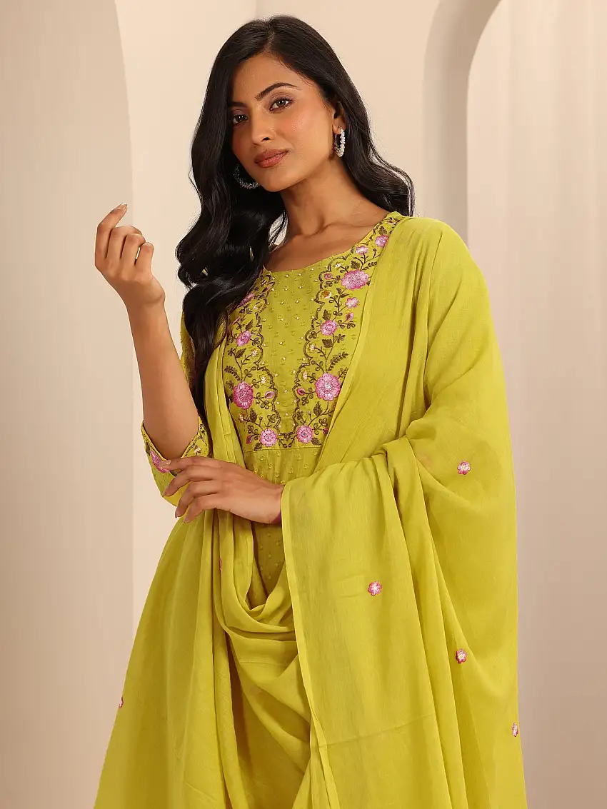 Yellow Yoke Design Cotton Straight Suit Set With Dupatta