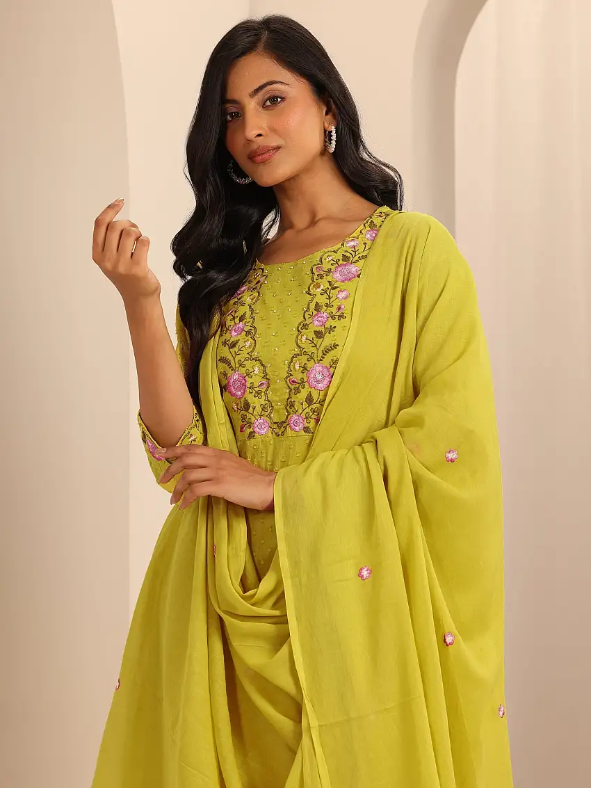 Yellow Yoke Design Cotton Straight Suit Set With Dupatta
