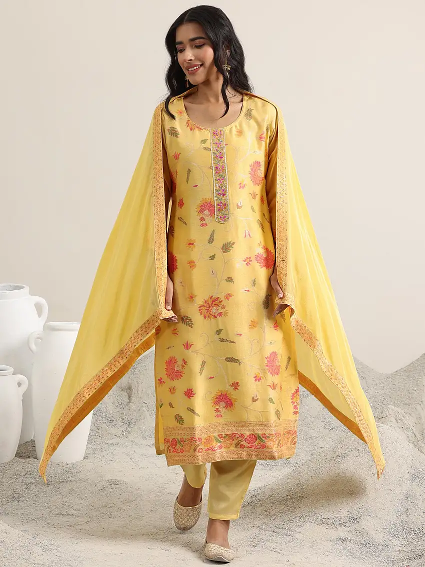 Yellow Woven Design Silk Blend Straight Suit With Dupatta