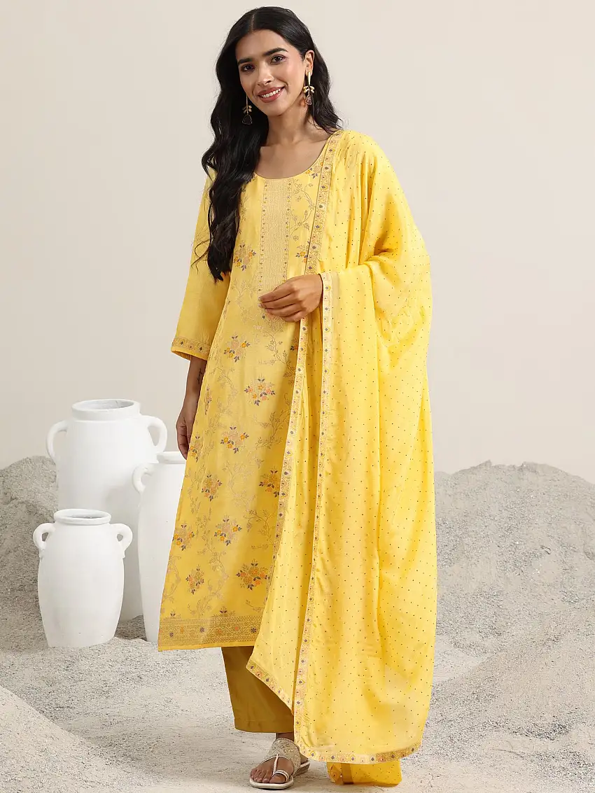 Yellow Woven Design Silk Blend Straight Suit With Dupatta