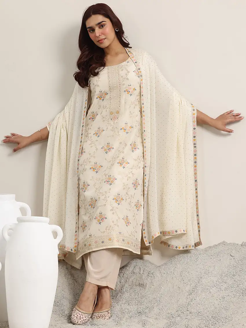 Beige Woven Design Silk Blend Straight Suit With Dupatta