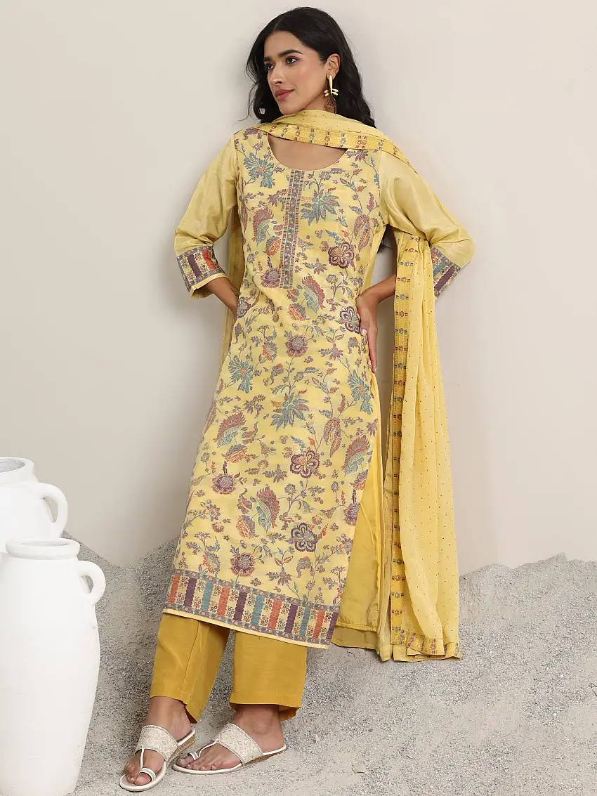 Yellow Woven Design Silk Blend Straight Suit With Dupatta