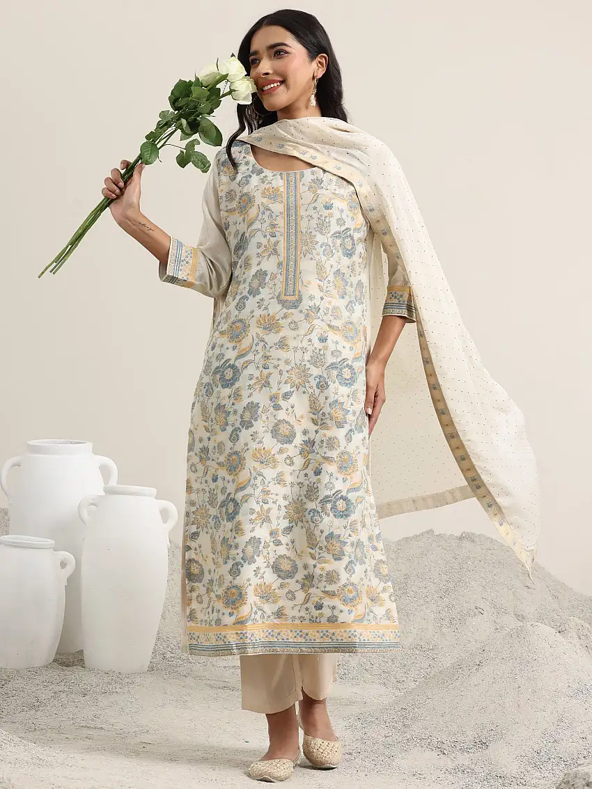 Beige Woven Design Silk Blend Straight Suit With Dupatta