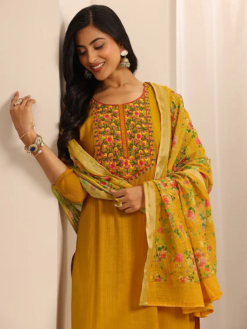 Yellow Woven Cotton Blend Straight Suit Set With Dupatta