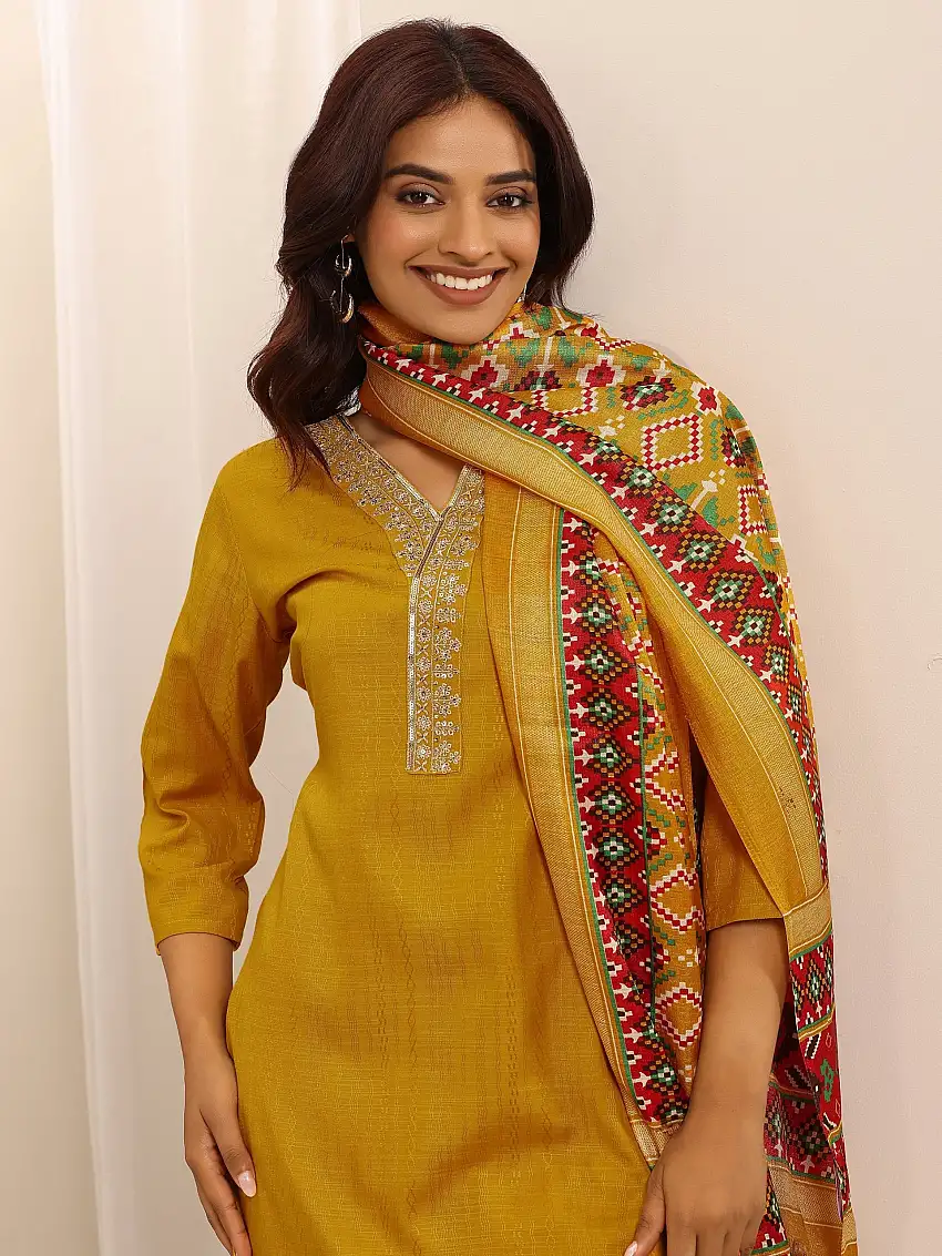 Yellow Woven Cotton Blend Straight Suit Set With Dupatta
