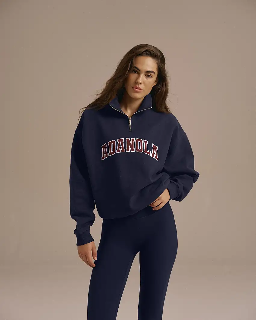 Varsity Relaxed Funnel Neck Zip Sweatshirt - Navy Blue/Burgundy