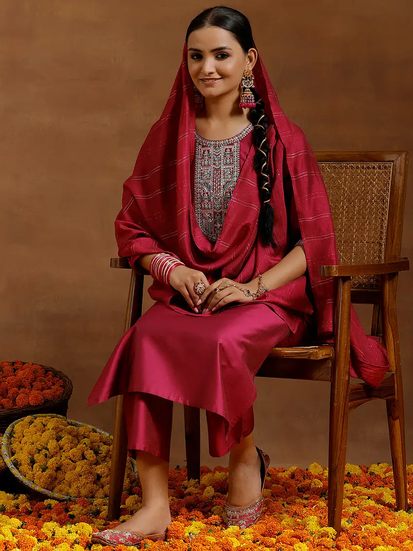 Pink Yoke Design Silk Blend Straight Suit With Dupatta