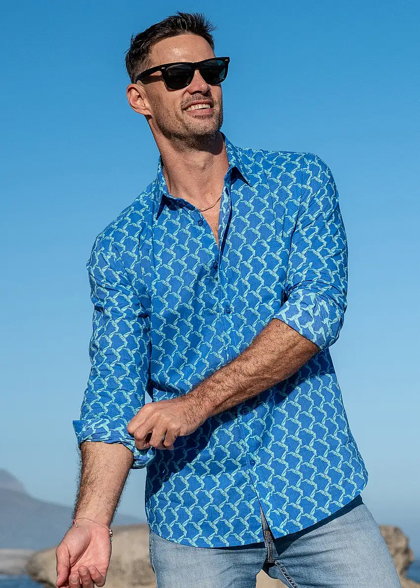 Origami Birds Mens' Cotton Shirt in Blue