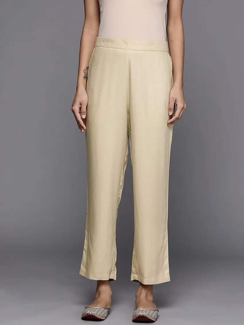 Beige Solid Pashmina Wool Trousers