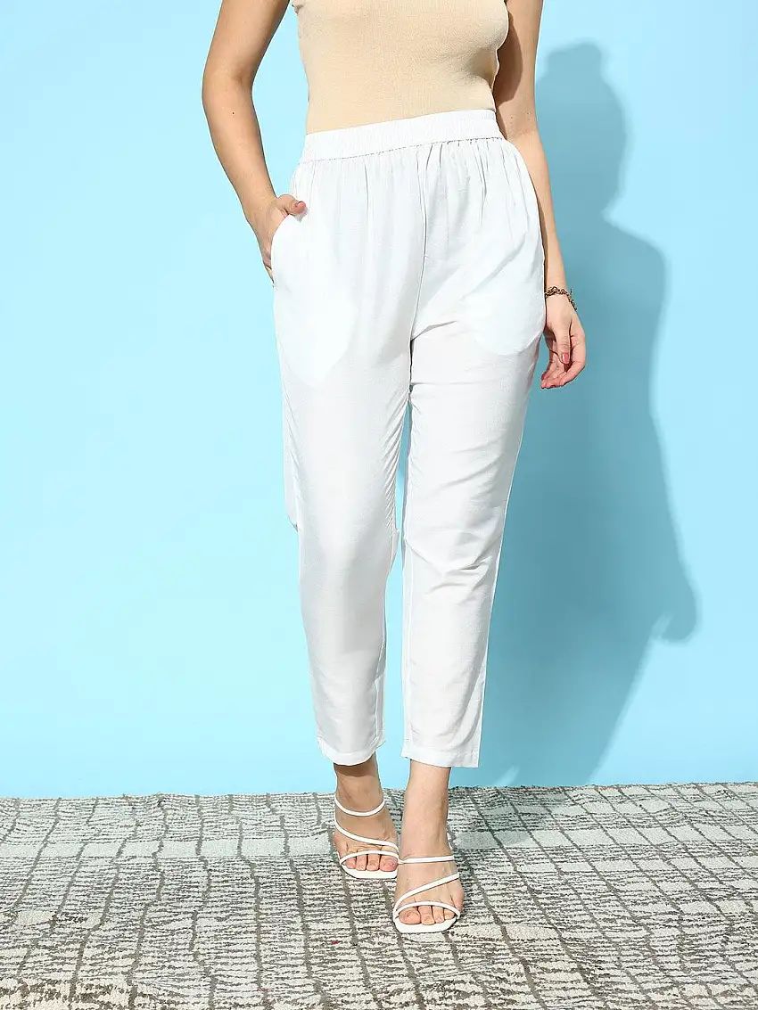 White Solid Silk Trousers