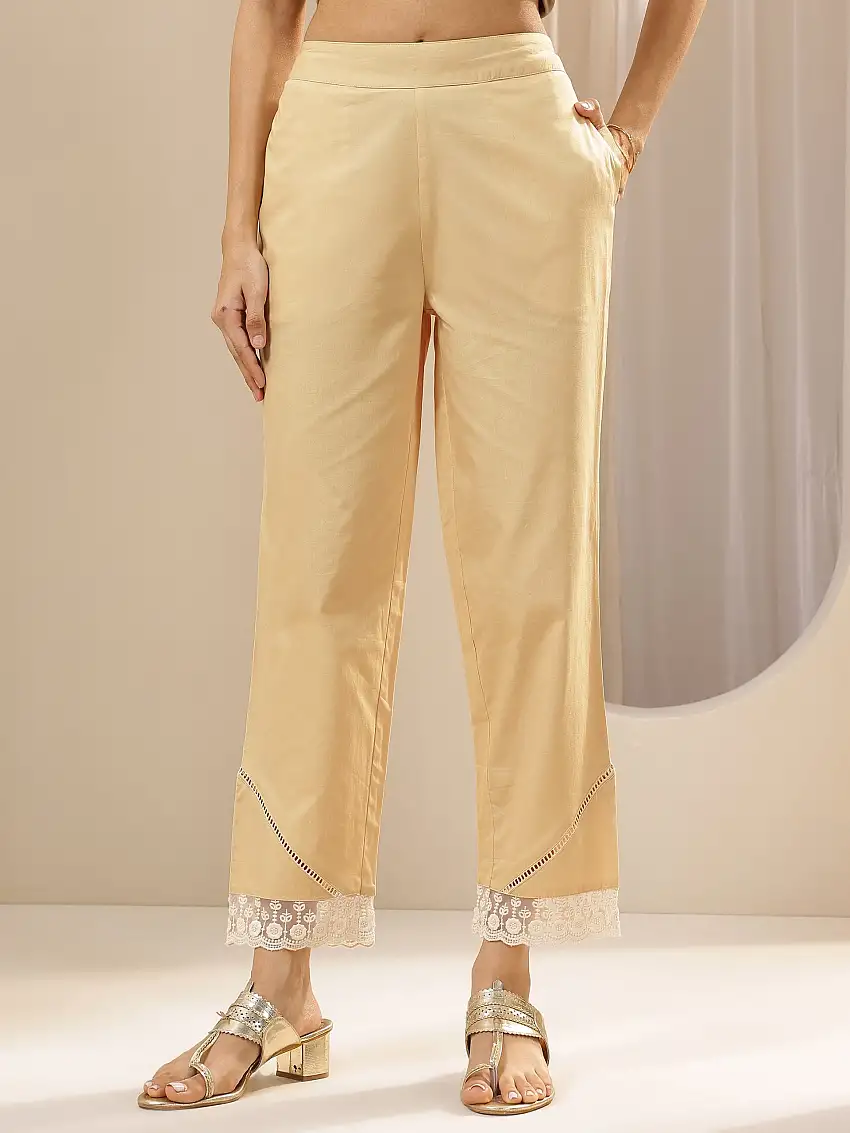 Beige Self Design Cotton Trousers