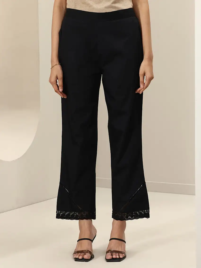 Black Self Design Cotton Trousers
