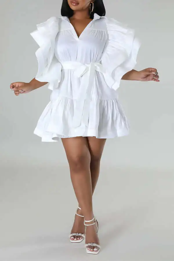 Unique Layered Ruffle Sleeve Belted Dress