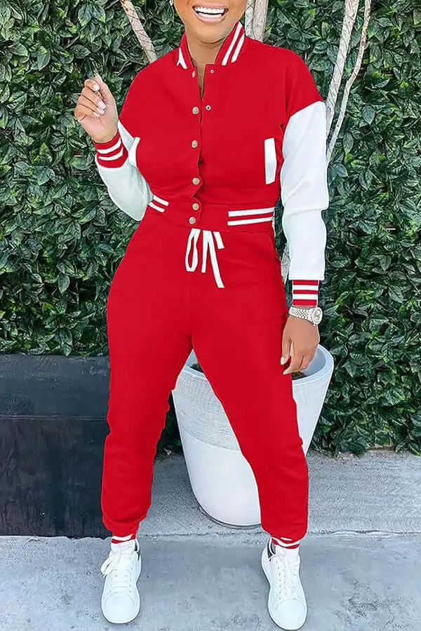 Casual Baseball Collar Two Tone Top & Pants Set