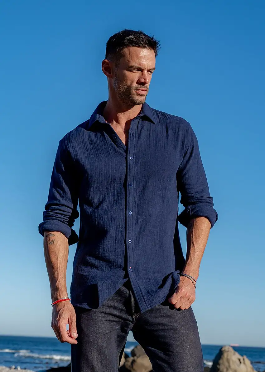 Twice as Nice Mens' Cotton Collar Shirt in Navy