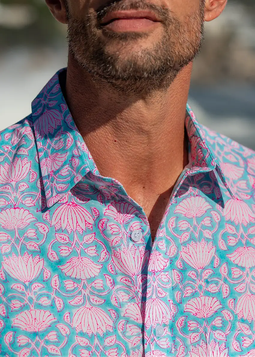 Agonda tide Mens' Cotton Shirt in Turquoise and Pink
