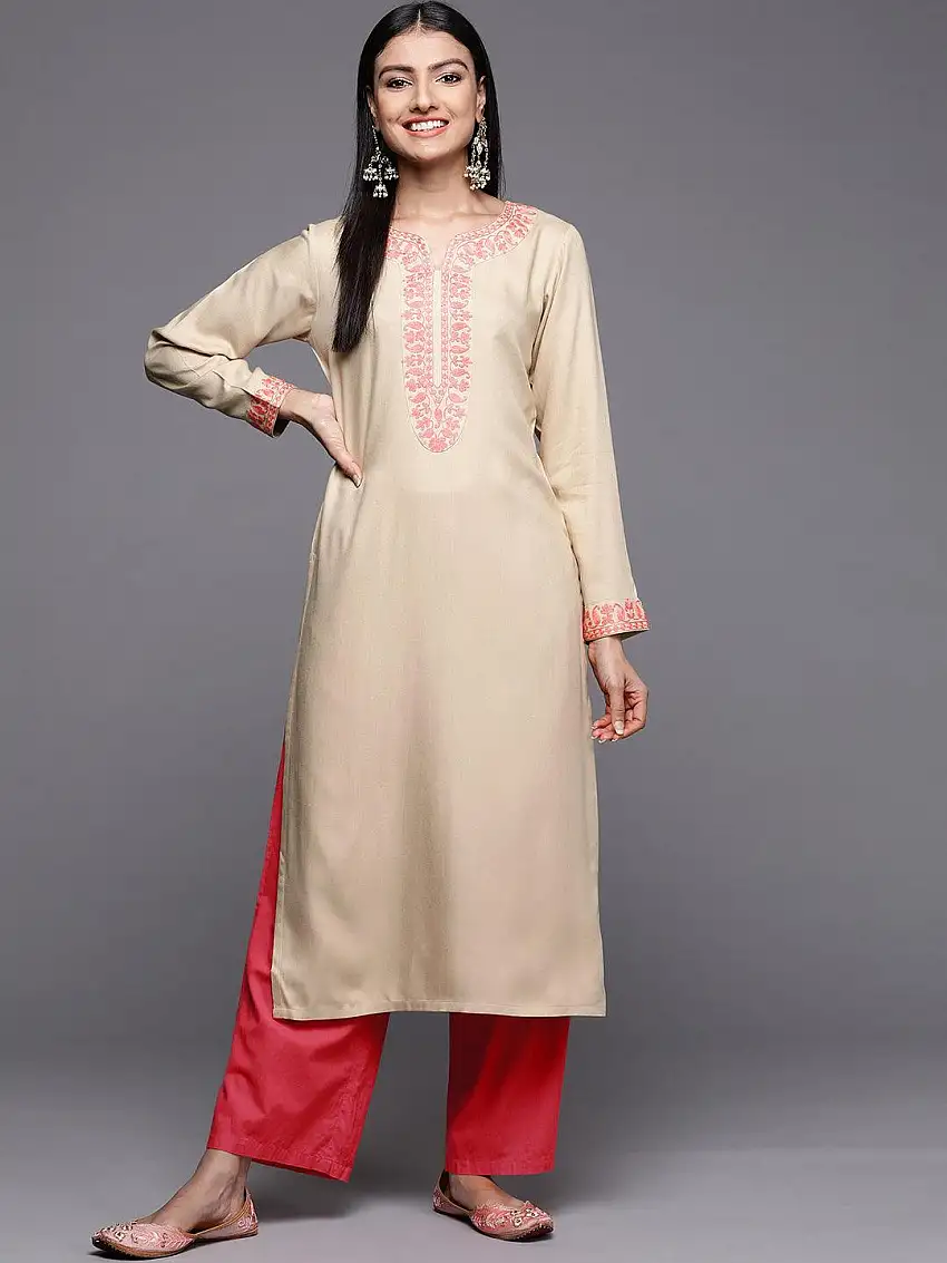 Beige Embroidered Pashmina Wool Straight Kurta