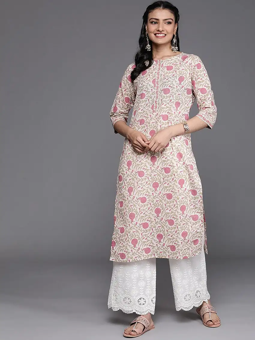 Beige Printed Cotton Kurta