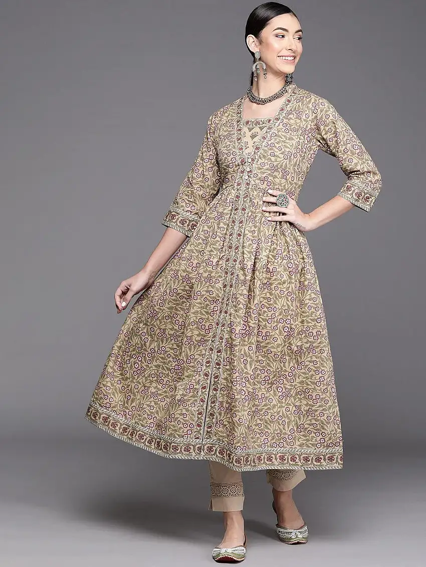 Beige Printed Cotton Kurta