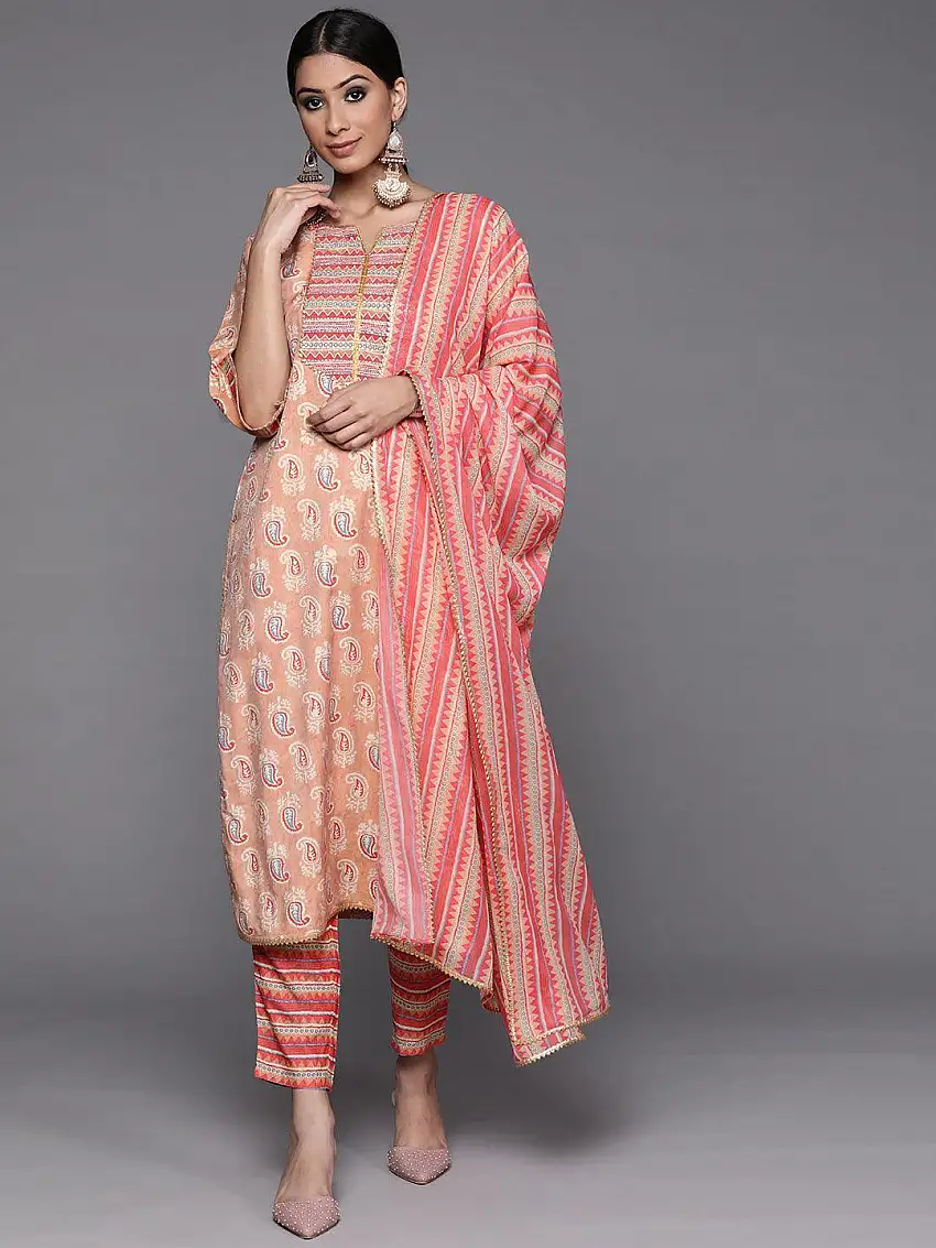 Beige Printed Silk Suit Set