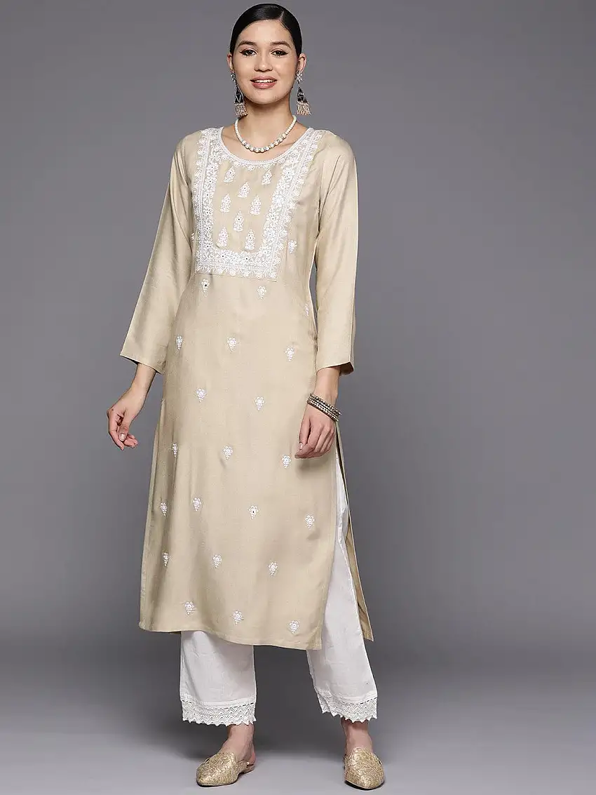 Beige Yoke Design Wool Straight Kurta