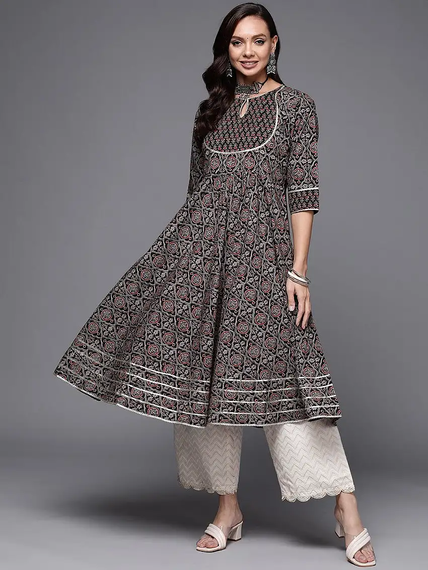 Black Printed Cotton Anarkali Kurta