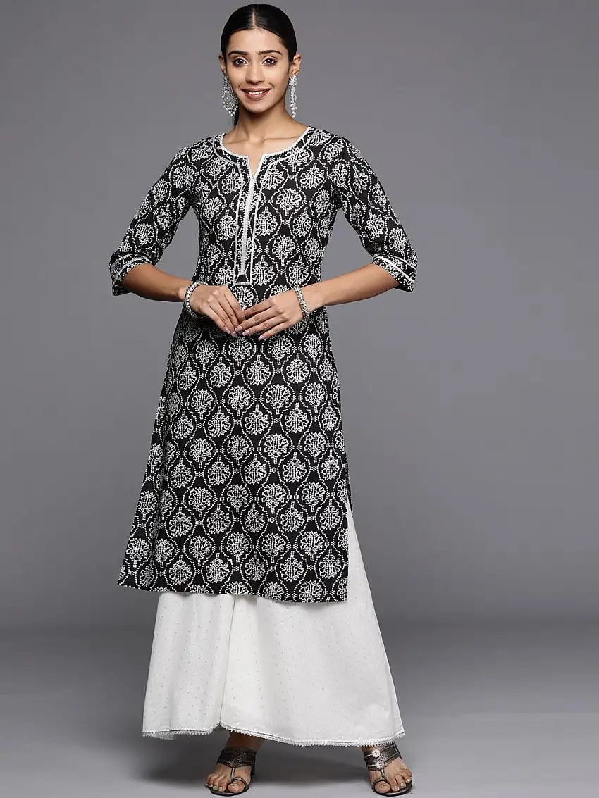 Black Printed Cotton Straight Kurta