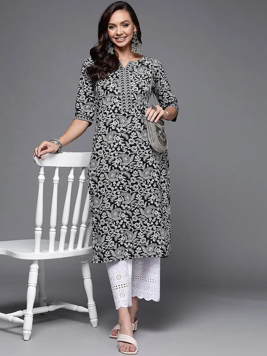 Black Printed Cotton Straight Kurta