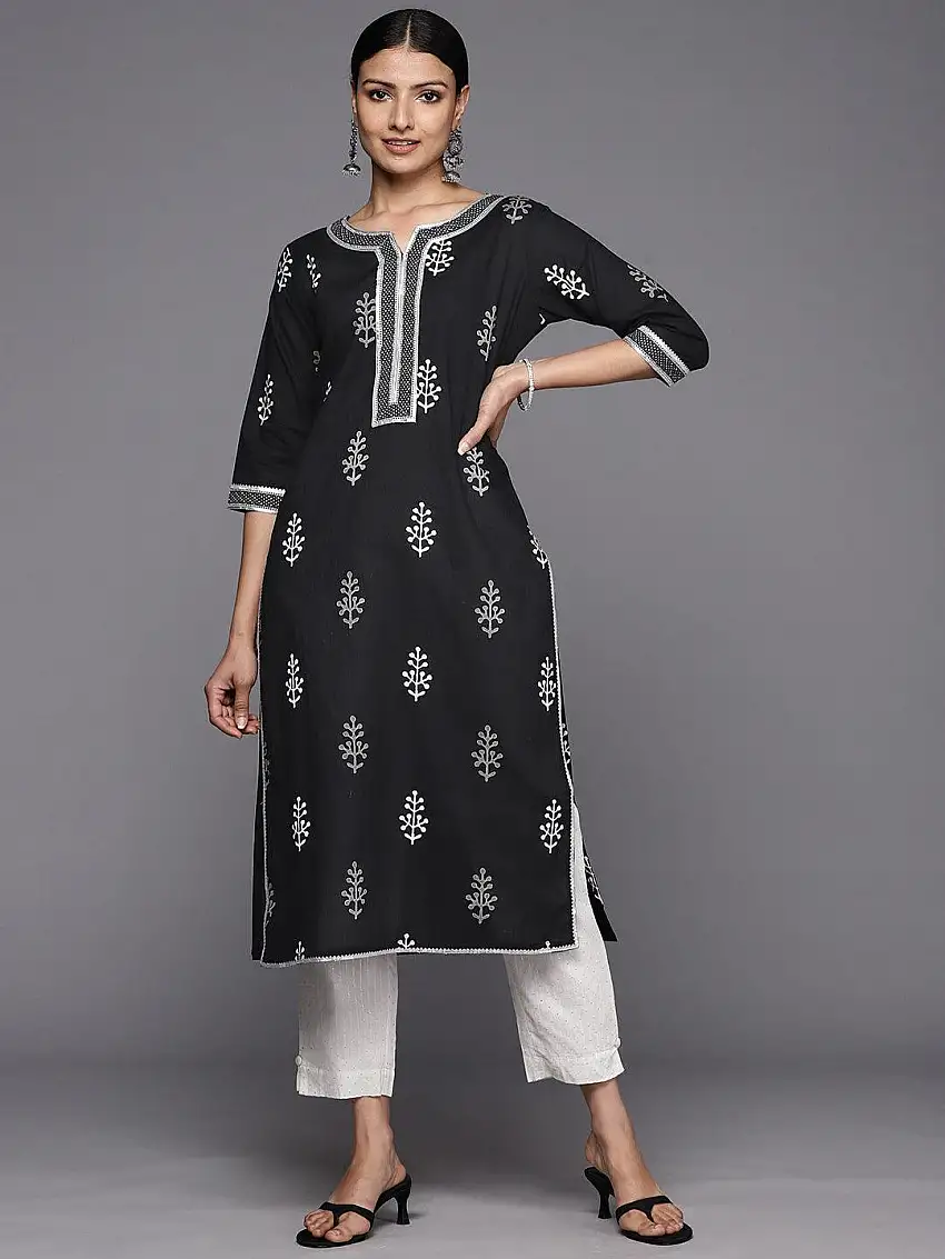 Black Printed Cotton Straight Kurta