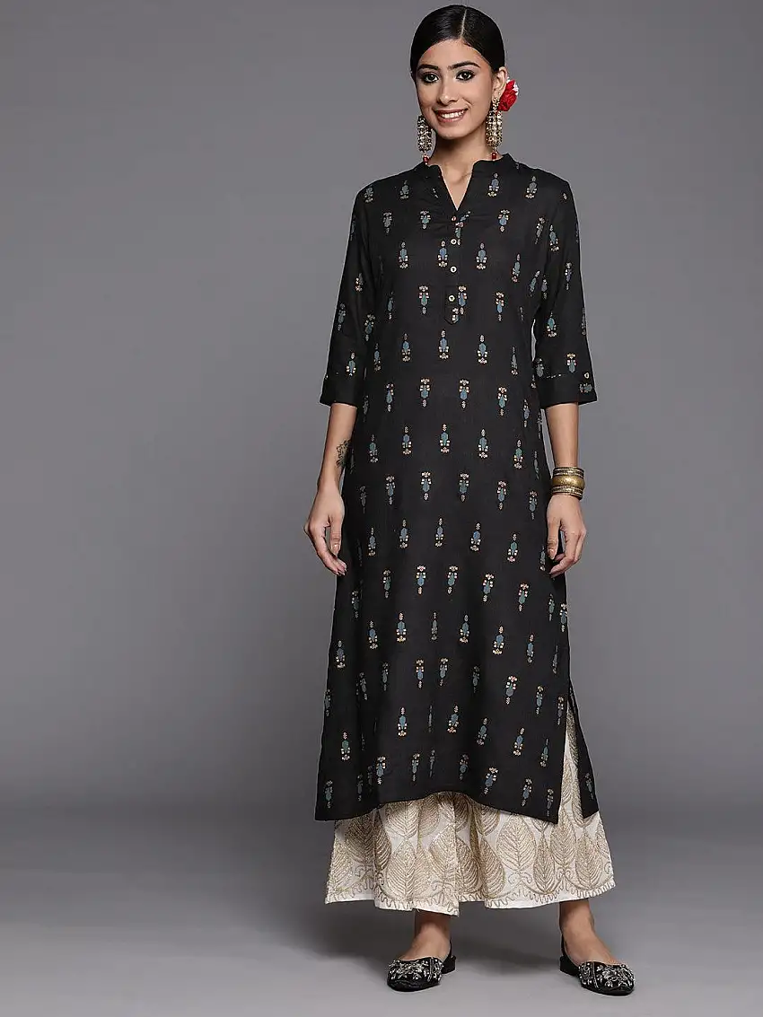 Black Printed Rayon Straight Kurta