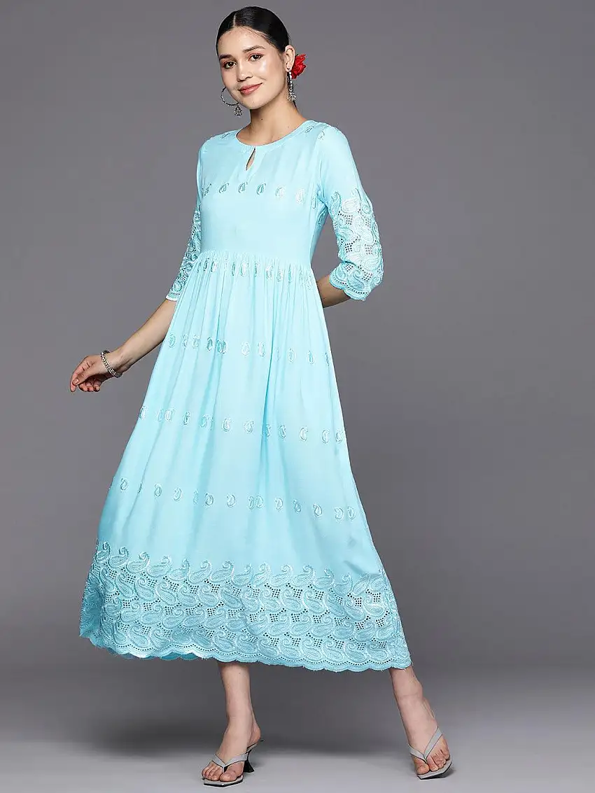 Blue Embroidered Rayon Fit and Flare Dress
