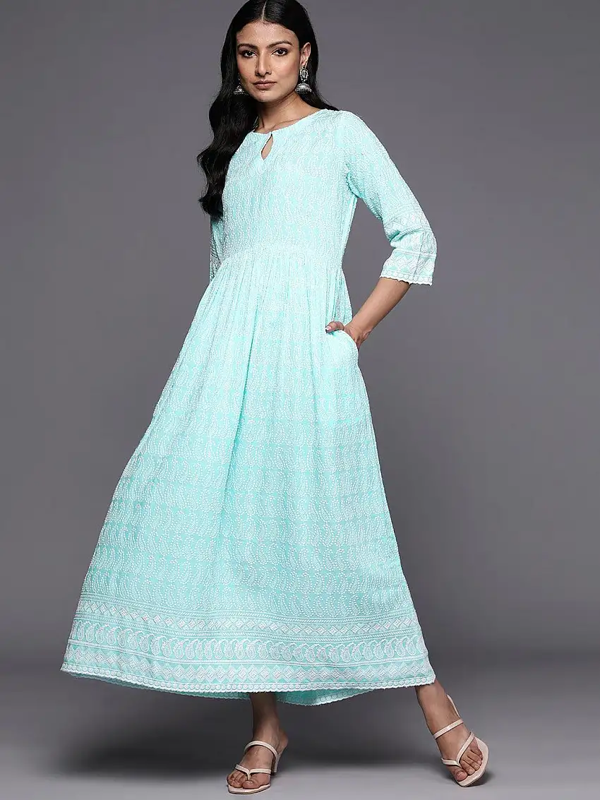 Blue Embroidered Rayon Fit and Flare Dress